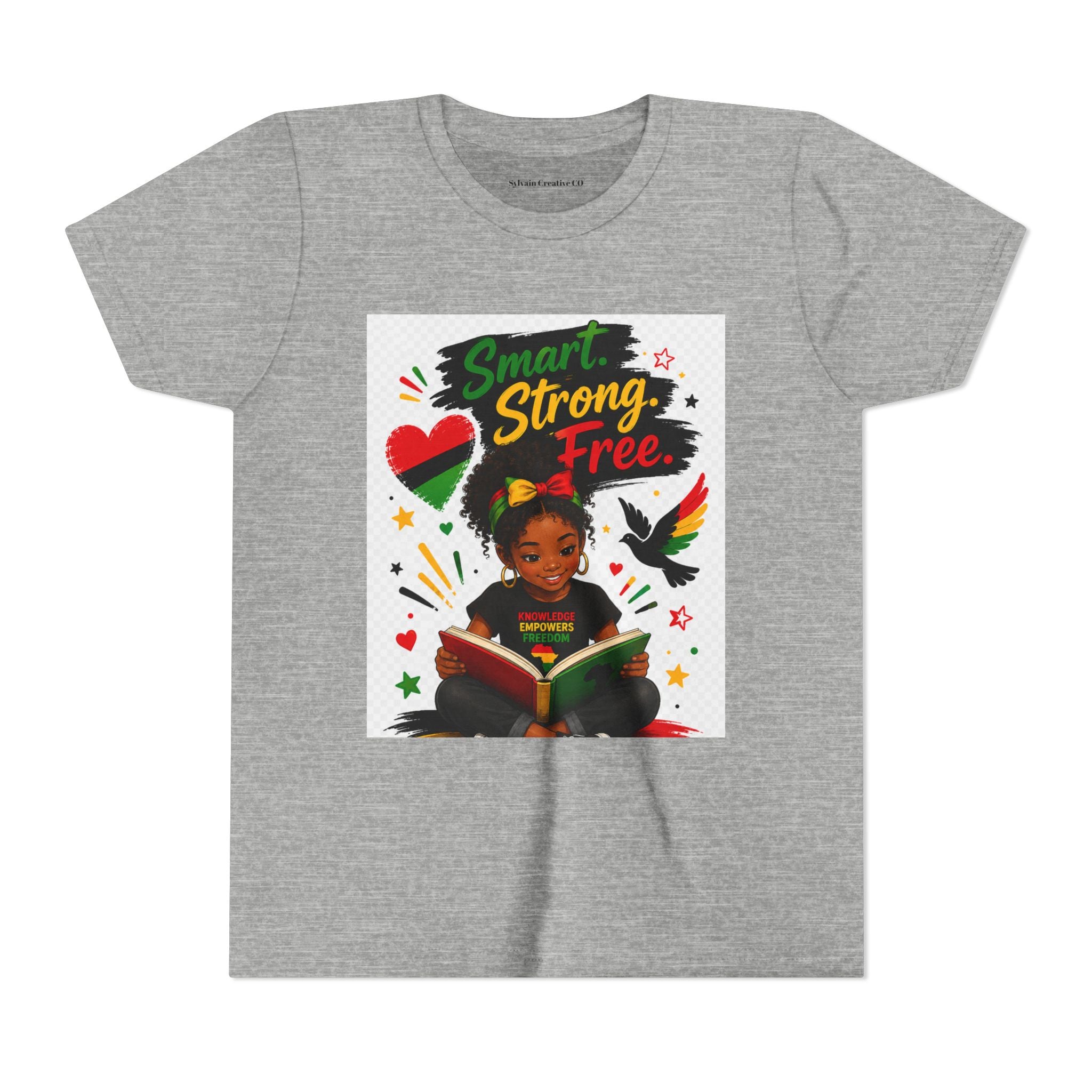 Juneteenth Youth Tee — "Smart. Strong. Free." Black Girl Reading Graphic Kid Shirt