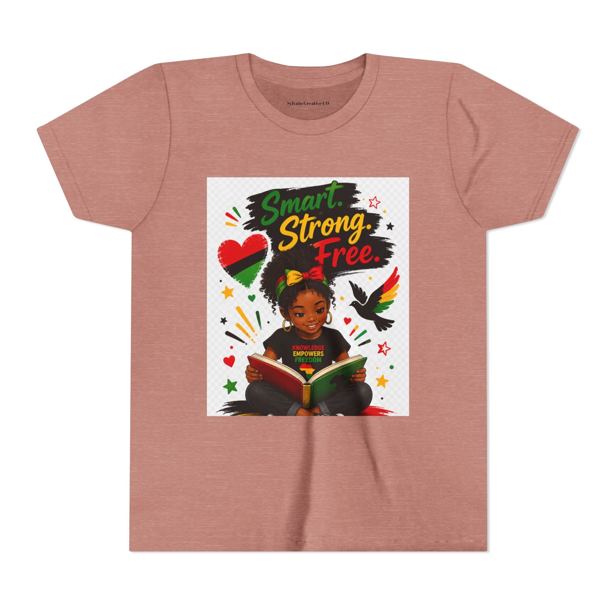 Juneteenth Youth Tee — "Smart. Strong. Free." Black Girl Reading Graphic Kid Shirt