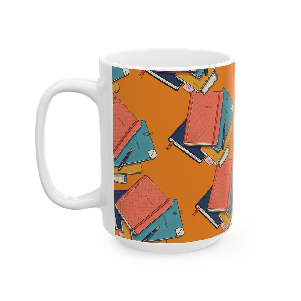 Notebook Stack Ceramic Mug — Cozy Orange Journaling Mug (11oz & 15oz)