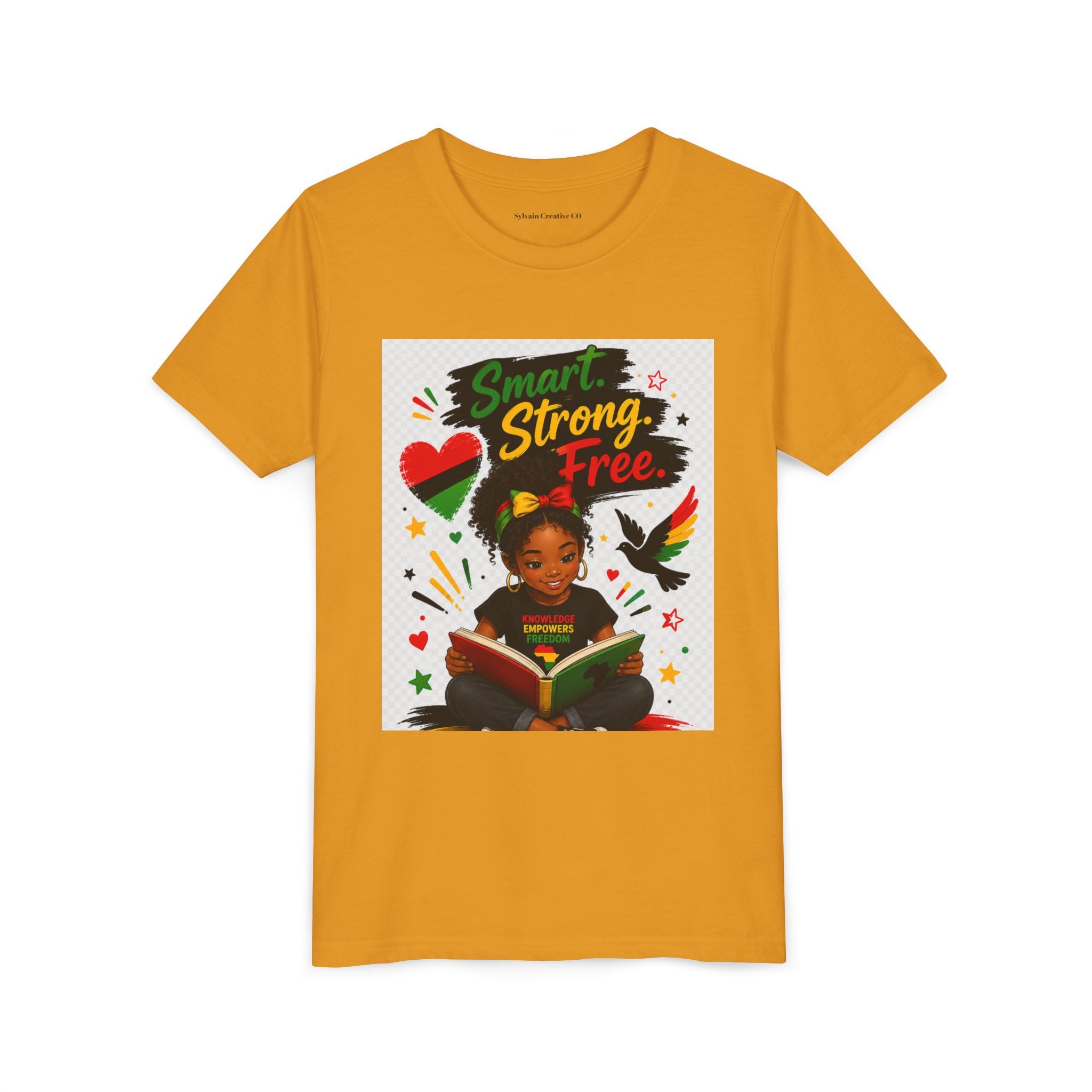 Juneteenth Youth Tee — "Smart. Strong. Free." Black Girl Reading Graphic Kid Shirt