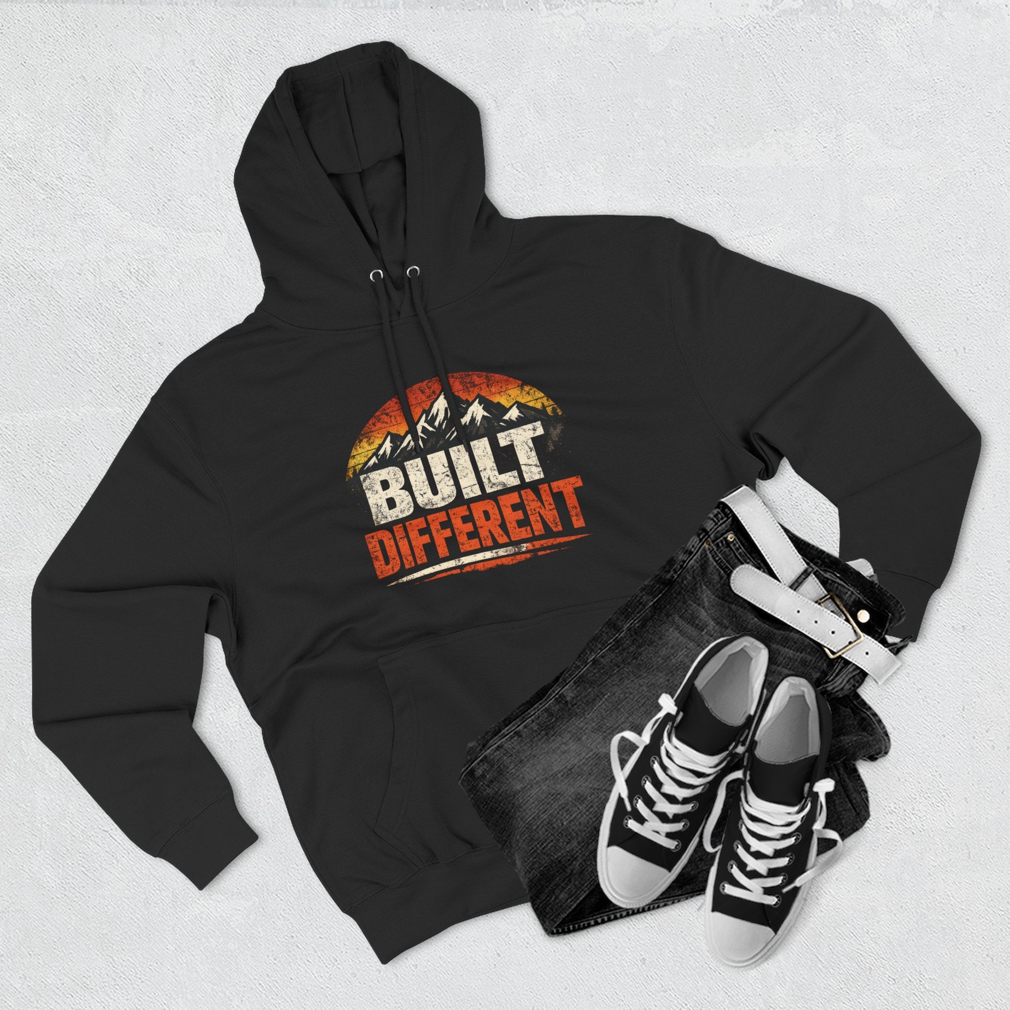 Built Different Hoodie — Retro Mountain "Train Harder, Work Harder" Graphic Hoodie