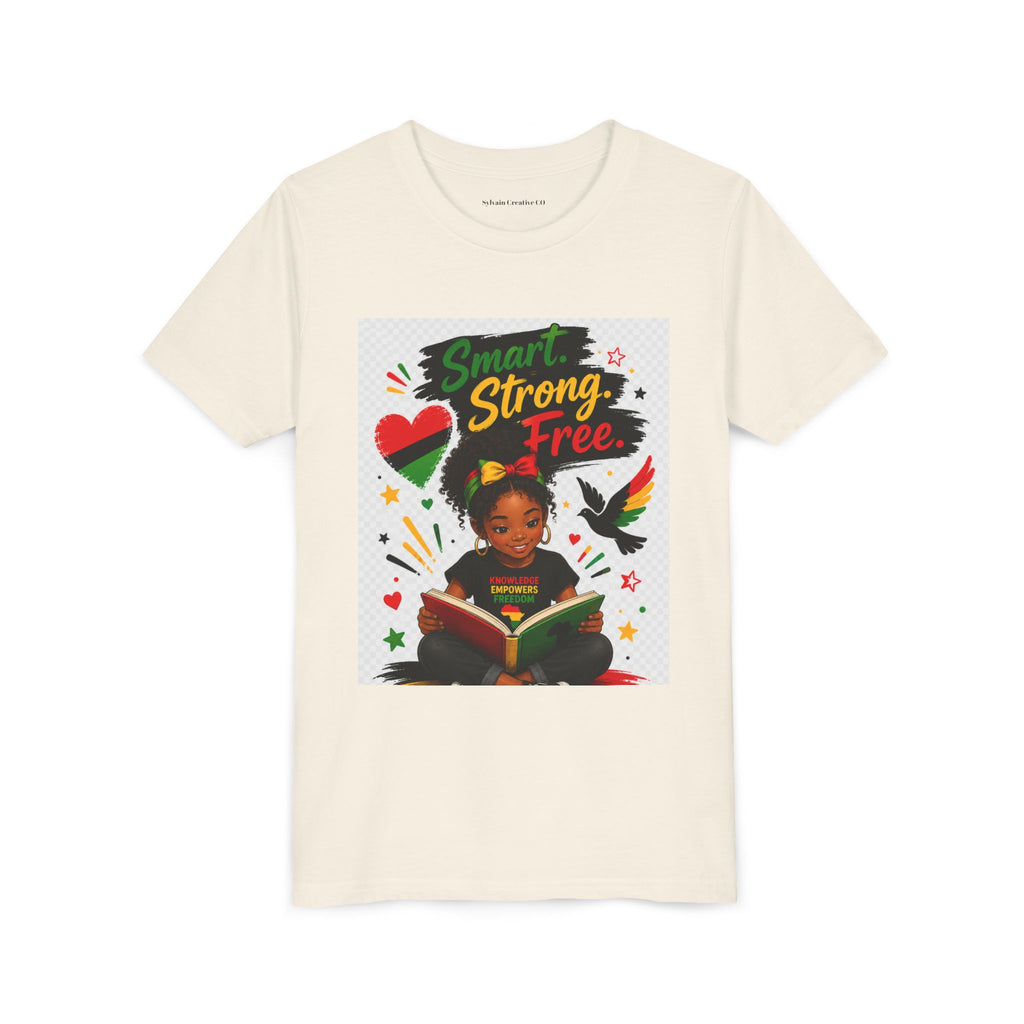 Juneteenth Youth Tee — "Smart. Strong. Free." Black Girl Reading Graphic Kid Shirt