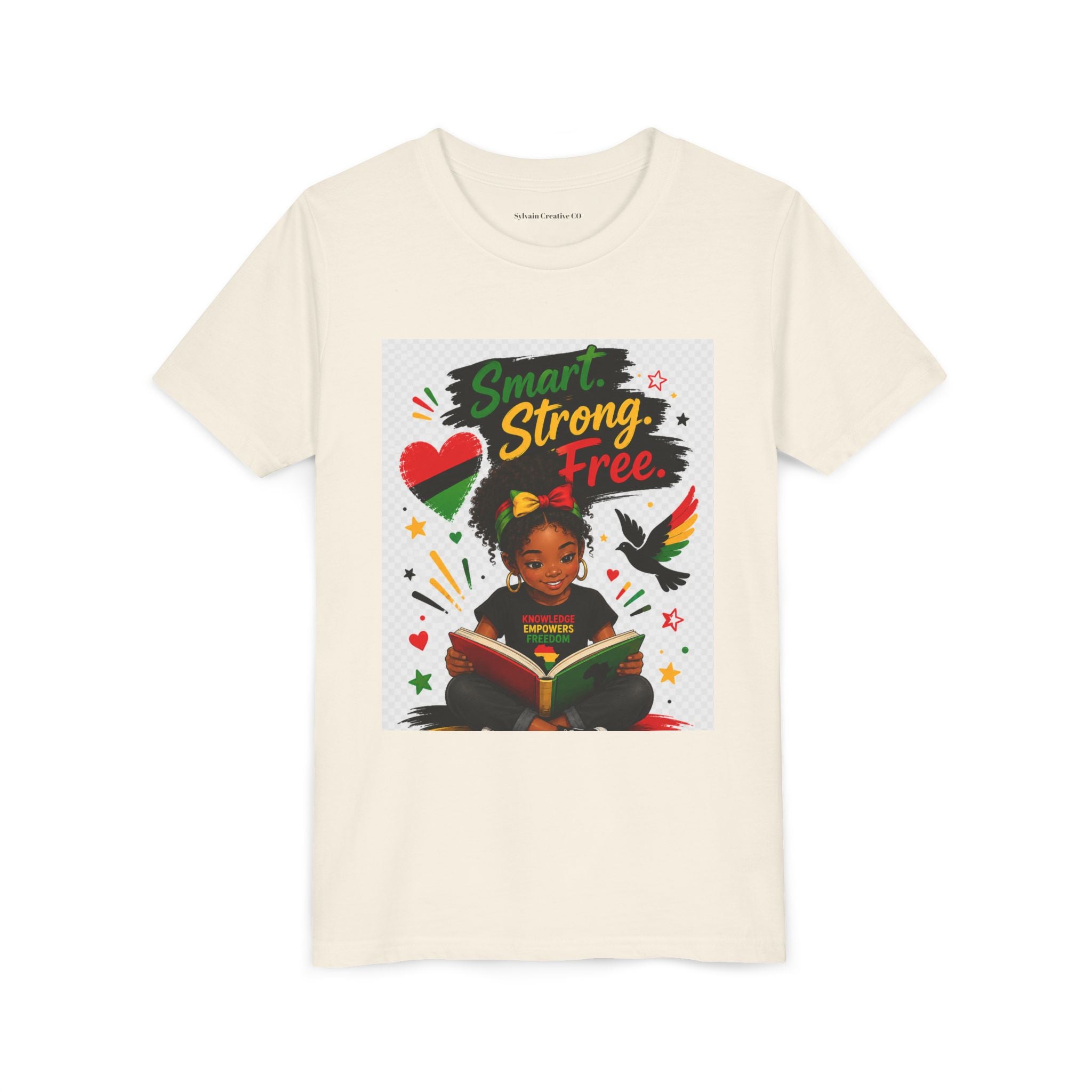 Juneteenth Youth Tee — "Smart. Strong. Free." Black Girl Reading Graphic Kid Shirt