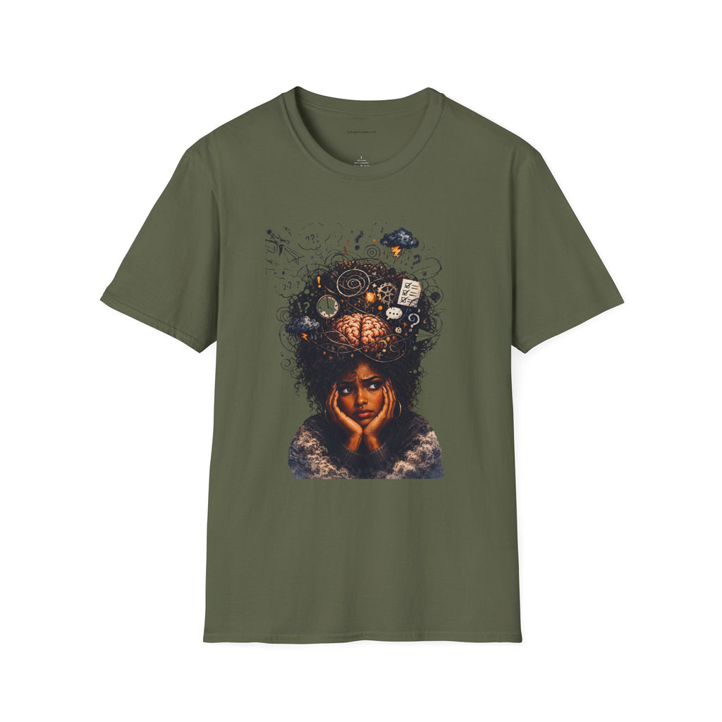 T-Shirt — 'Mindstorm' Graphic Tee Featuring Thoughtful Woman & Brain Doodle Art