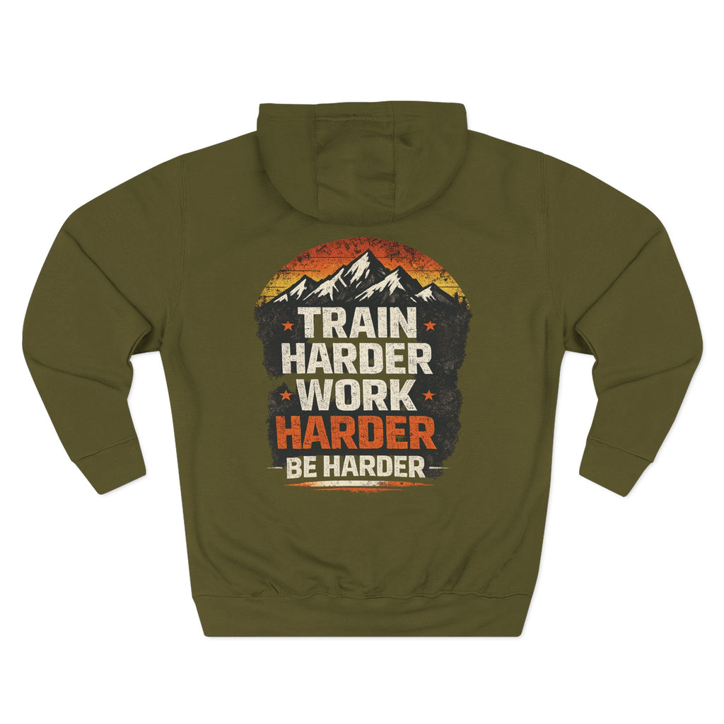 Built Different Hoodie — Retro Mountain "Train Harder, Work Harder" Graphic Hoodie