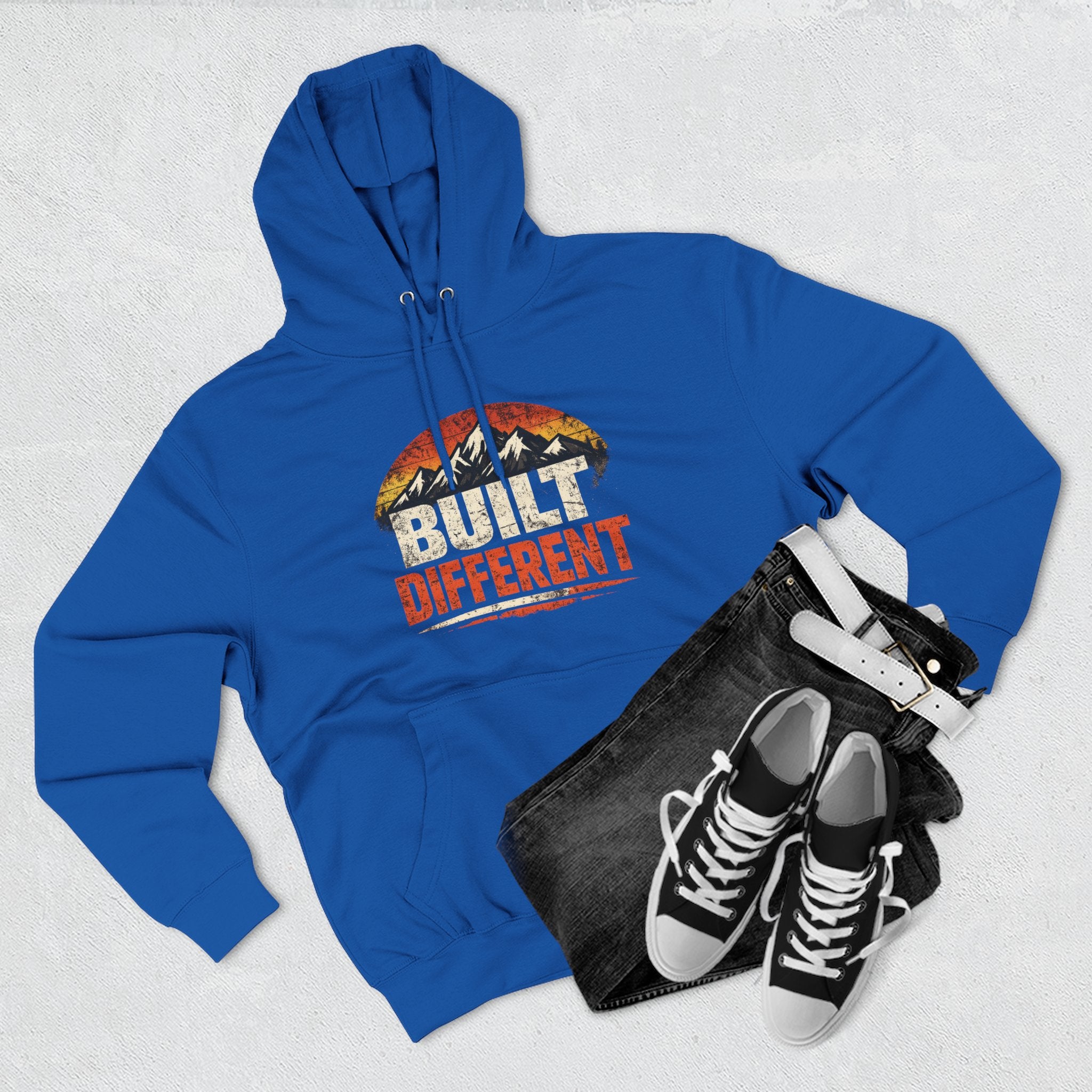 Built Different Hoodie — Retro Mountain "Train Harder, Work Harder" Graphic Hoodie