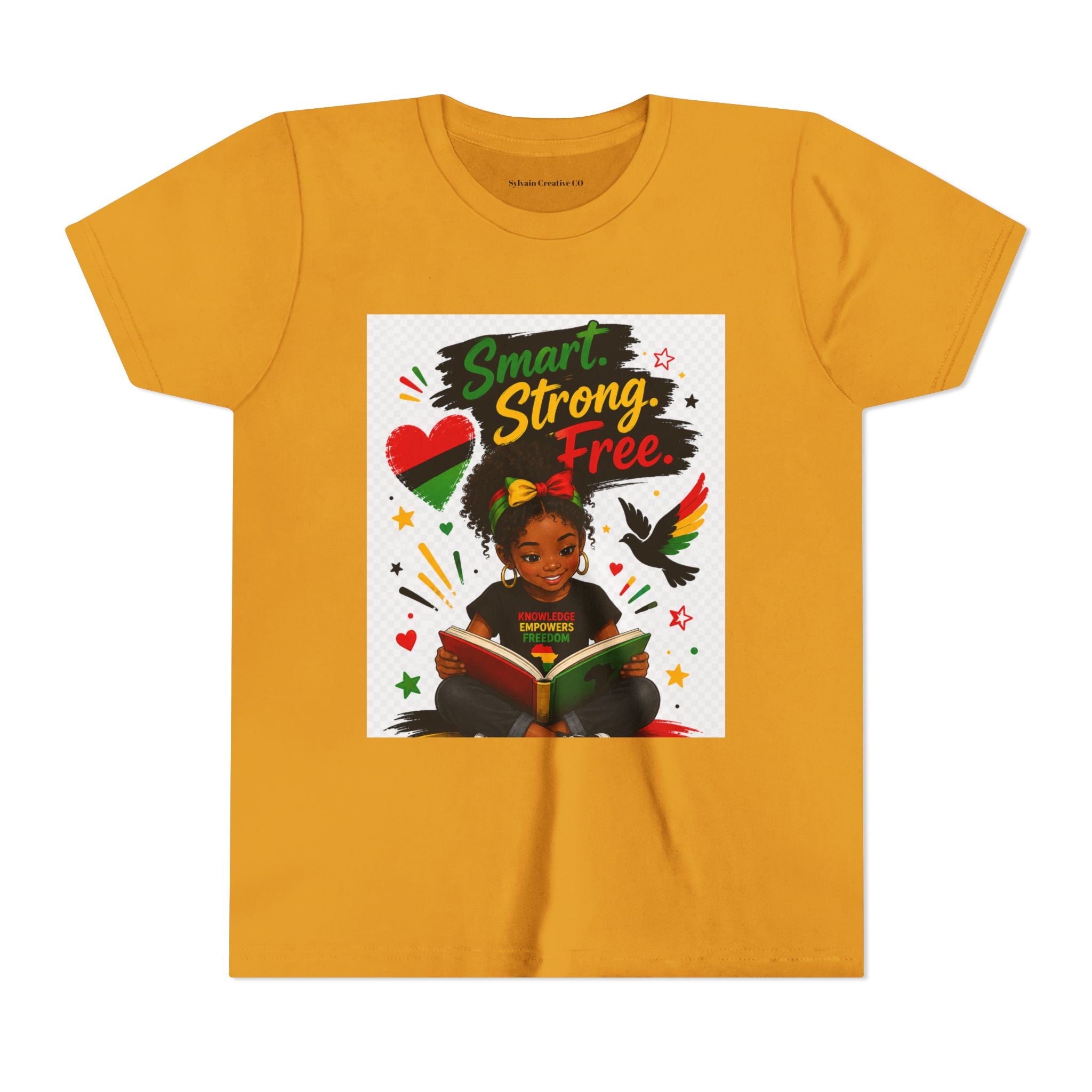 Juneteenth Youth Tee — "Smart. Strong. Free." Black Girl Reading Graphic Kid Shirt