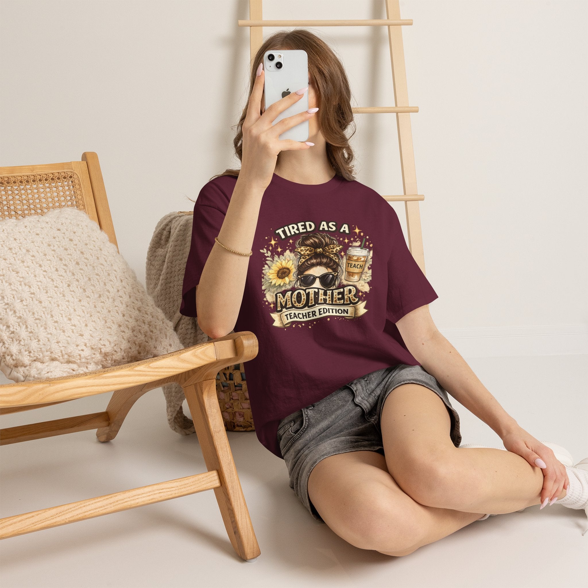 T-Shirt — "Tired as a Mother: Teacher Edition" Graphic Tee (Sunflower & Coffee Design)