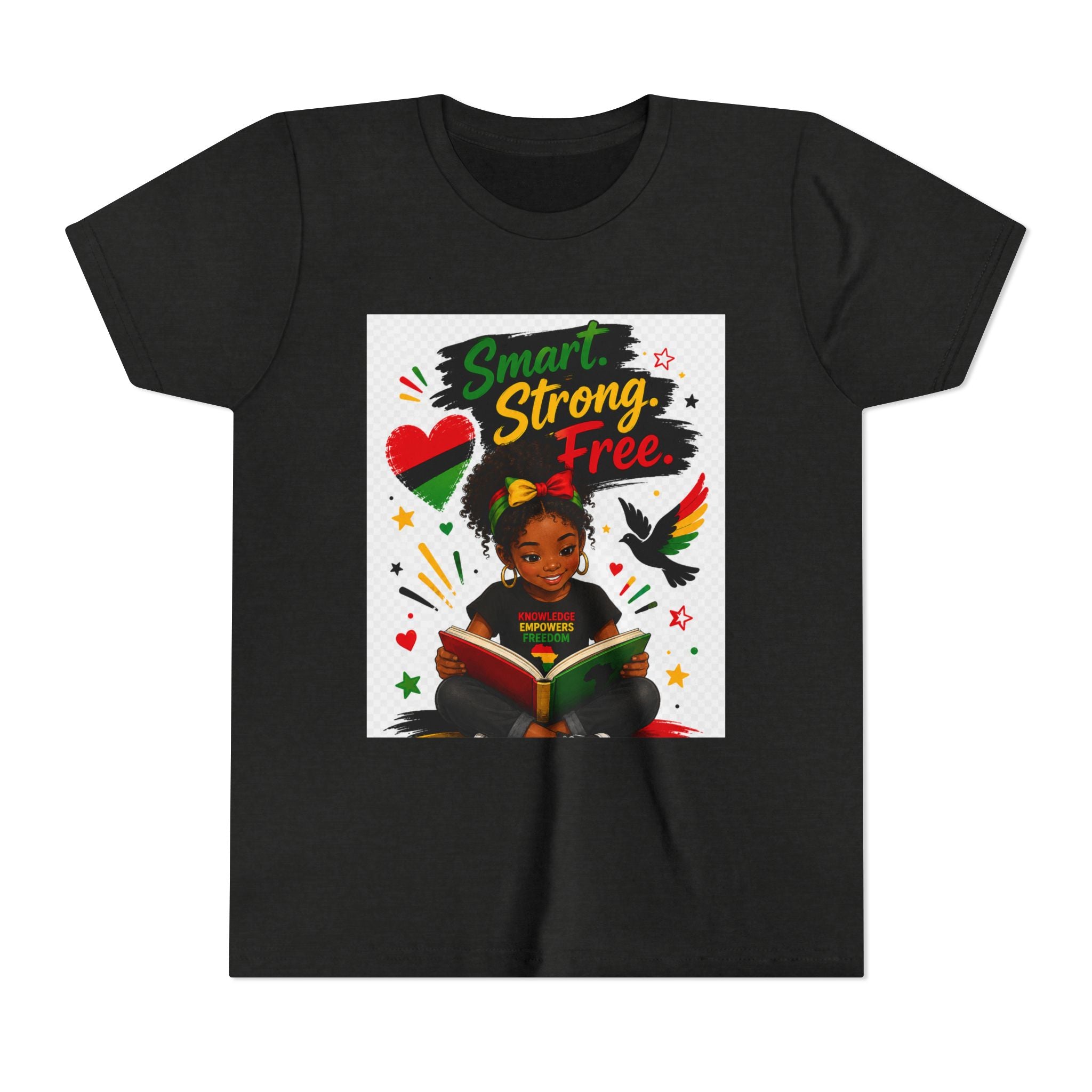 Juneteenth Youth Tee — "Smart. Strong. Free." Black Girl Reading Graphic Kid Shirt