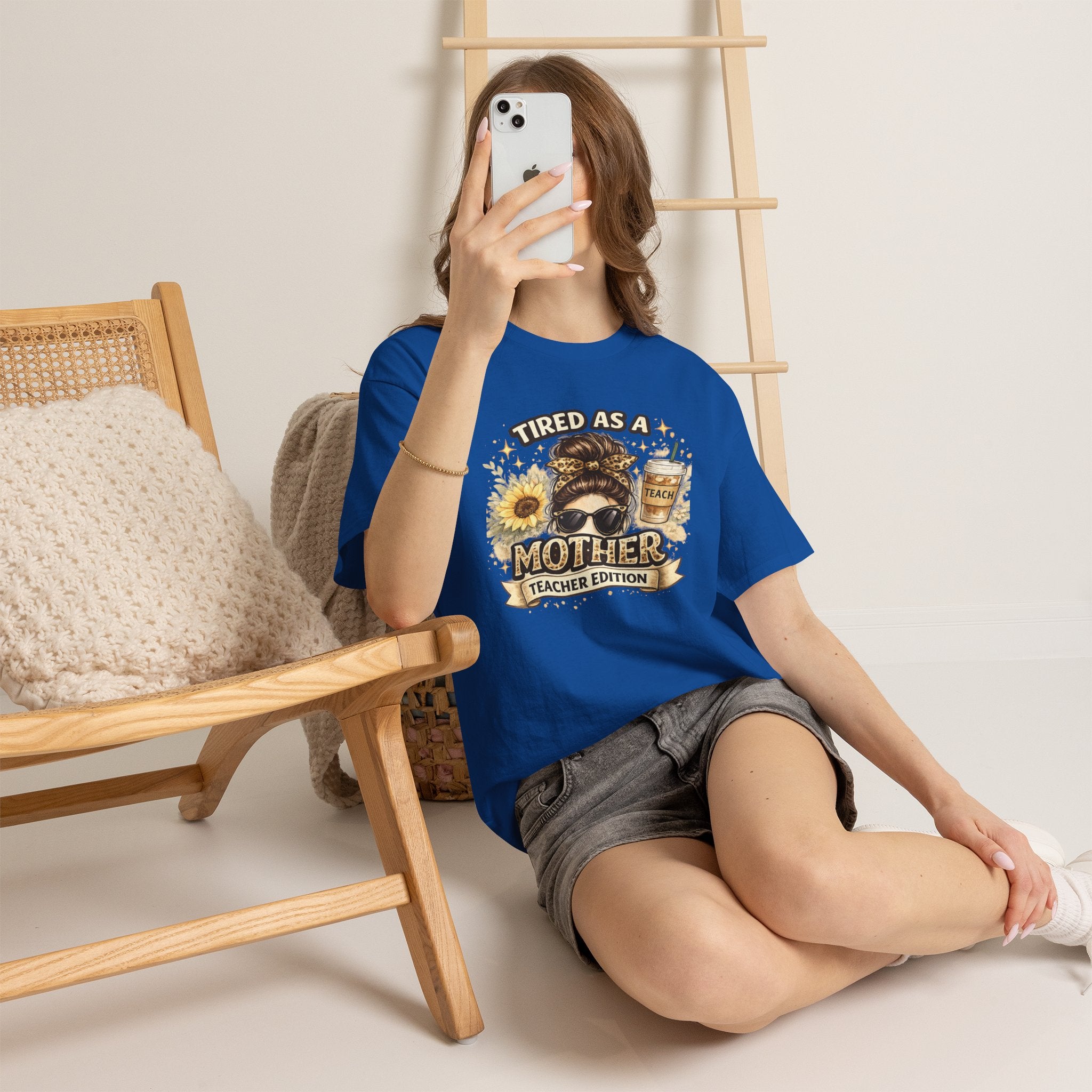 T-Shirt — "Tired as a Mother: Teacher Edition" Graphic Tee (Sunflower & Coffee Design)