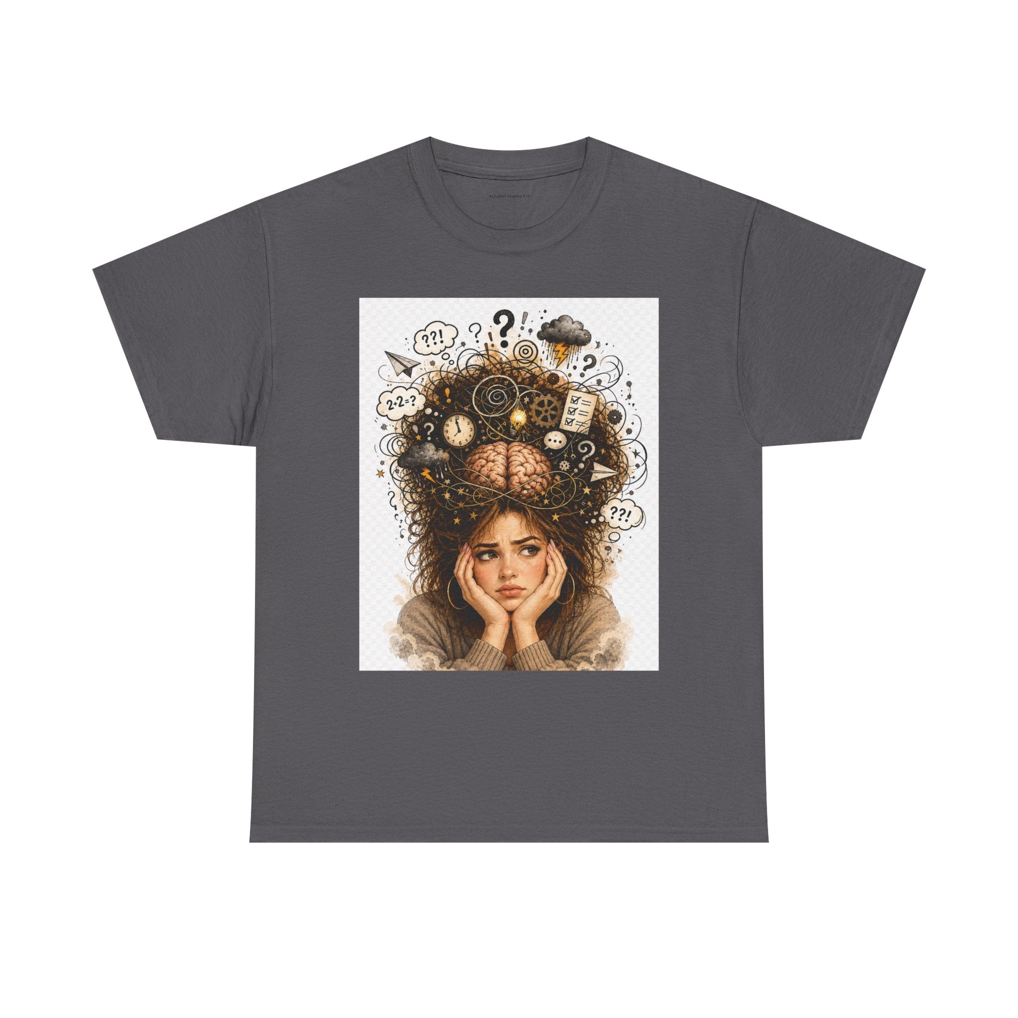 T-Shirt — Daydreaming Girl Illustration Tee (clock & question mark design)