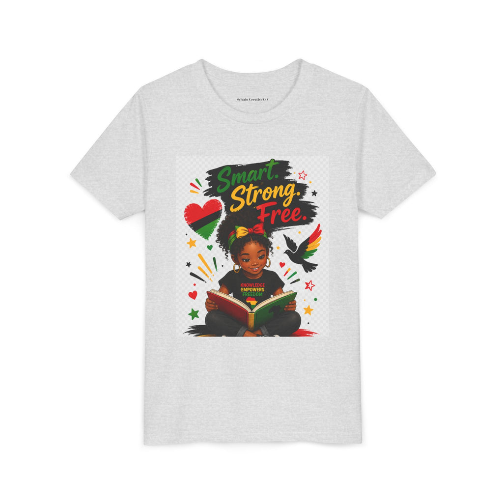 Juneteenth Youth Tee — "Smart. Strong. Free." Black Girl Reading Graphic Kid Shirt