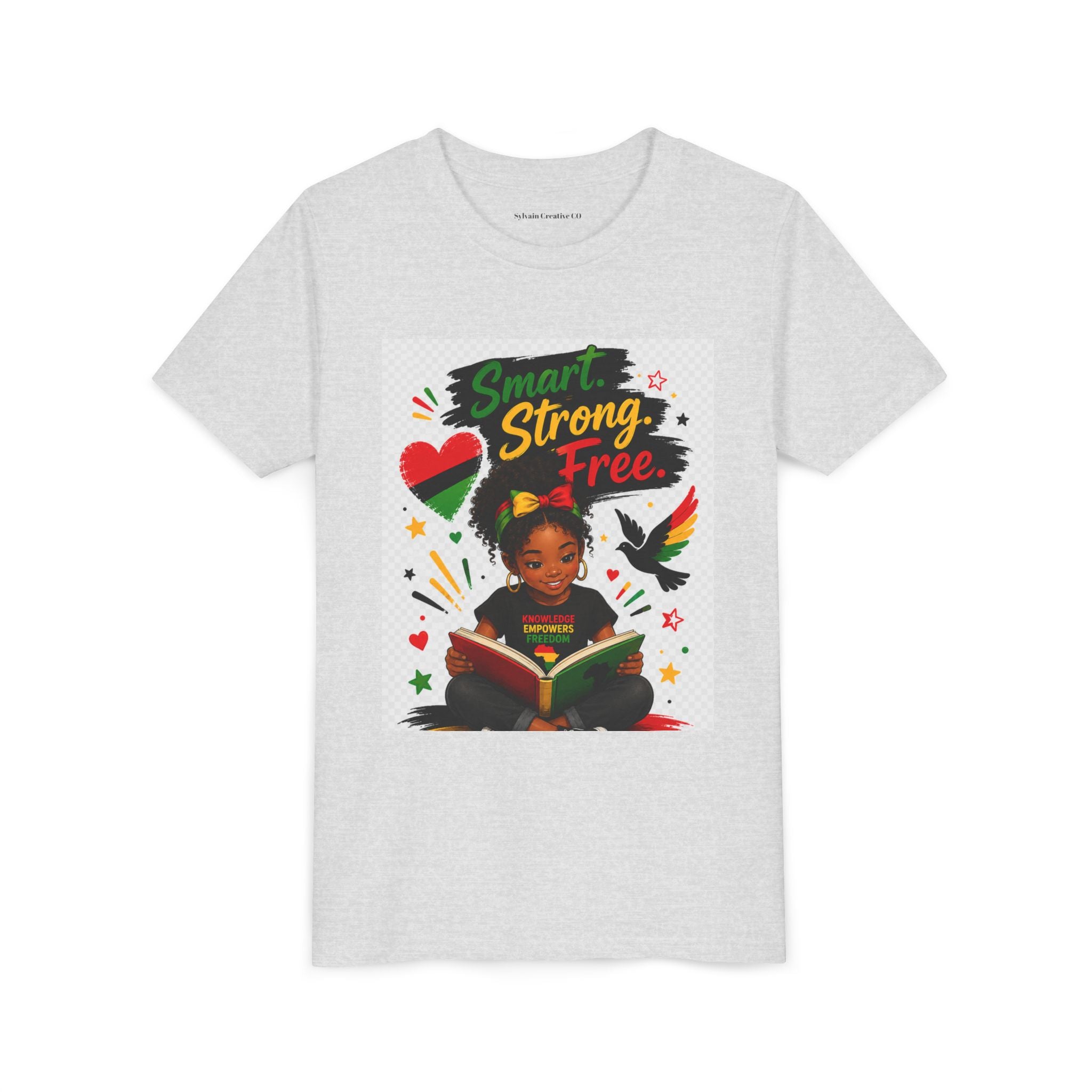 Juneteenth Youth Tee — "Smart. Strong. Free." Black Girl Reading Graphic Kid Shirt
