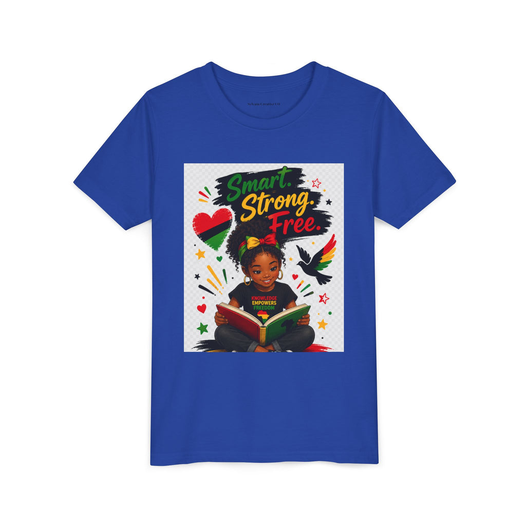 Juneteenth Youth Tee — "Smart. Strong. Free." Black Girl Reading Graphic Kid Shirt