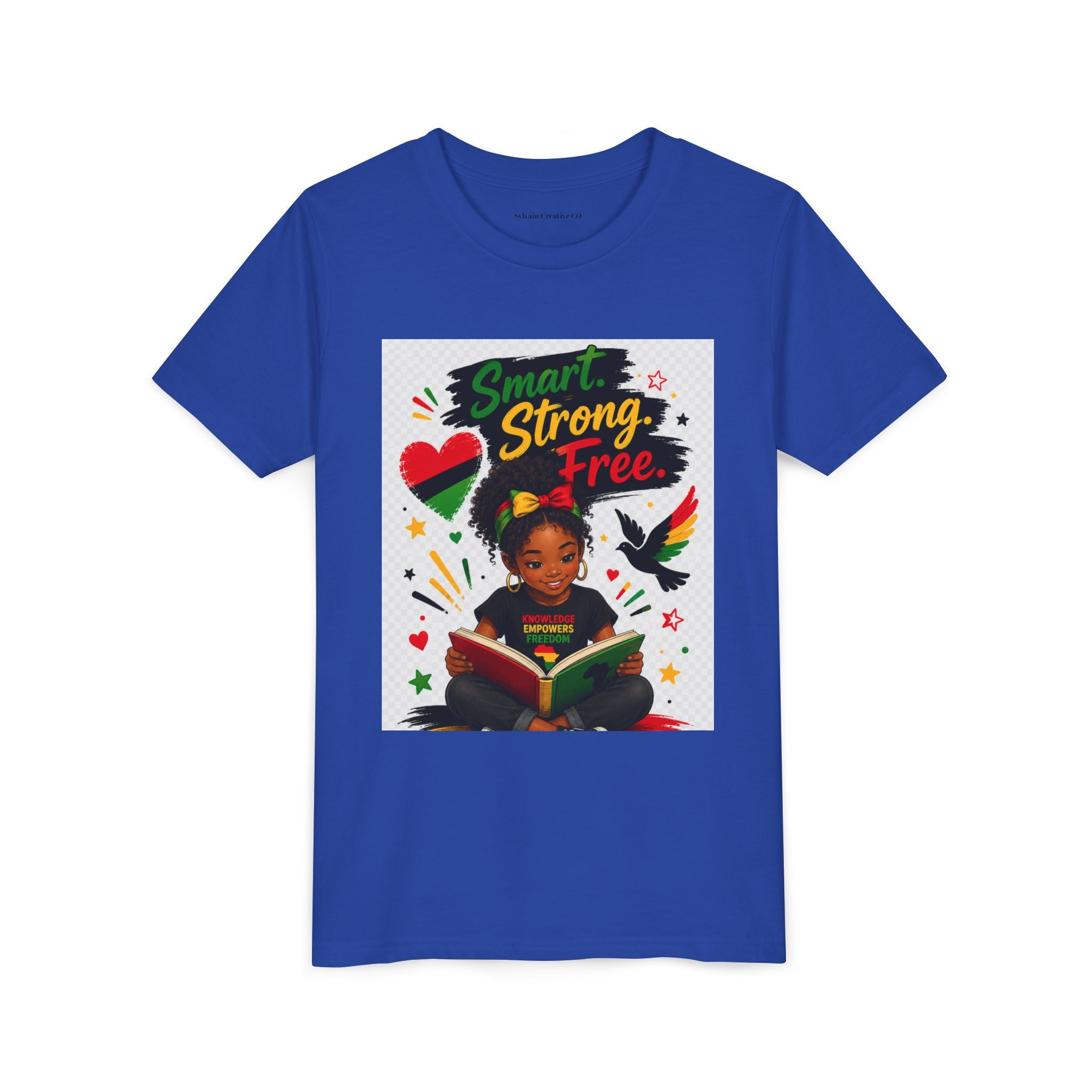 Juneteenth Youth Tee — "Smart. Strong. Free." Black Girl Reading Graphic Kid Shirt