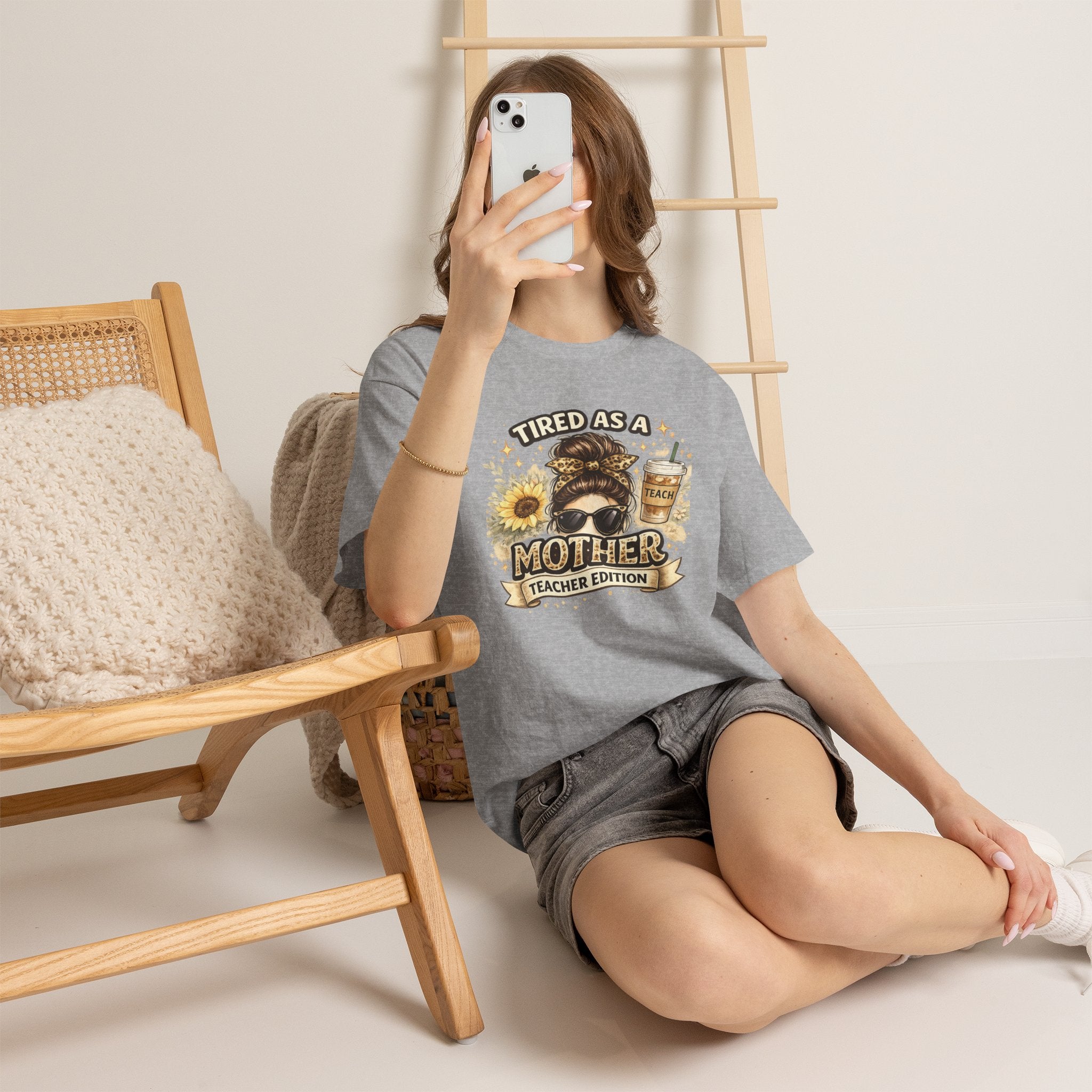 T-Shirt — "Tired as a Mother: Teacher Edition" Graphic Tee (Sunflower & Coffee Design)