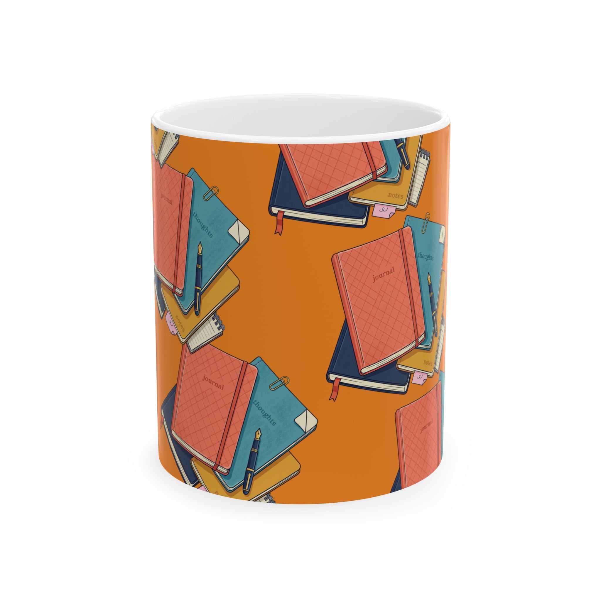 Notebook Stack Ceramic Mug — Cozy Orange Journaling Mug (11oz & 15oz)