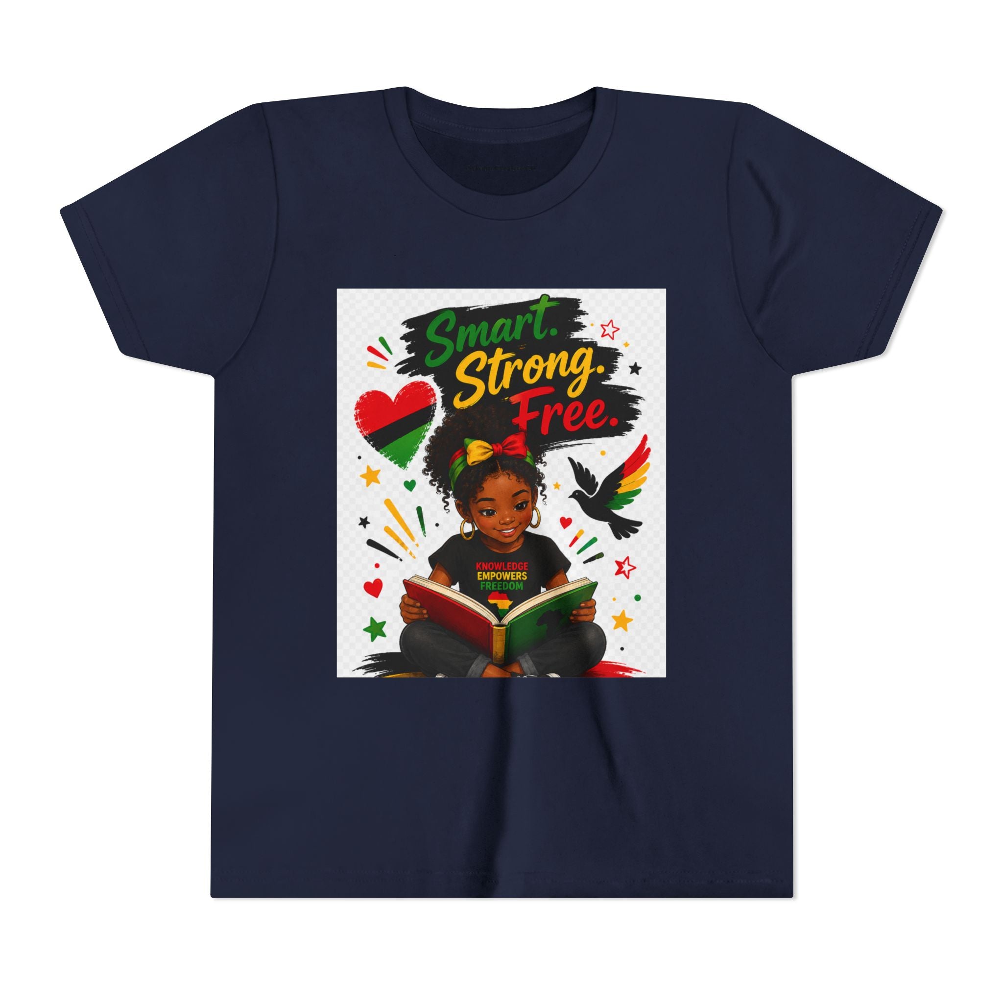 Juneteenth Youth Tee — "Smart. Strong. Free." Black Girl Reading Graphic Kid Shirt