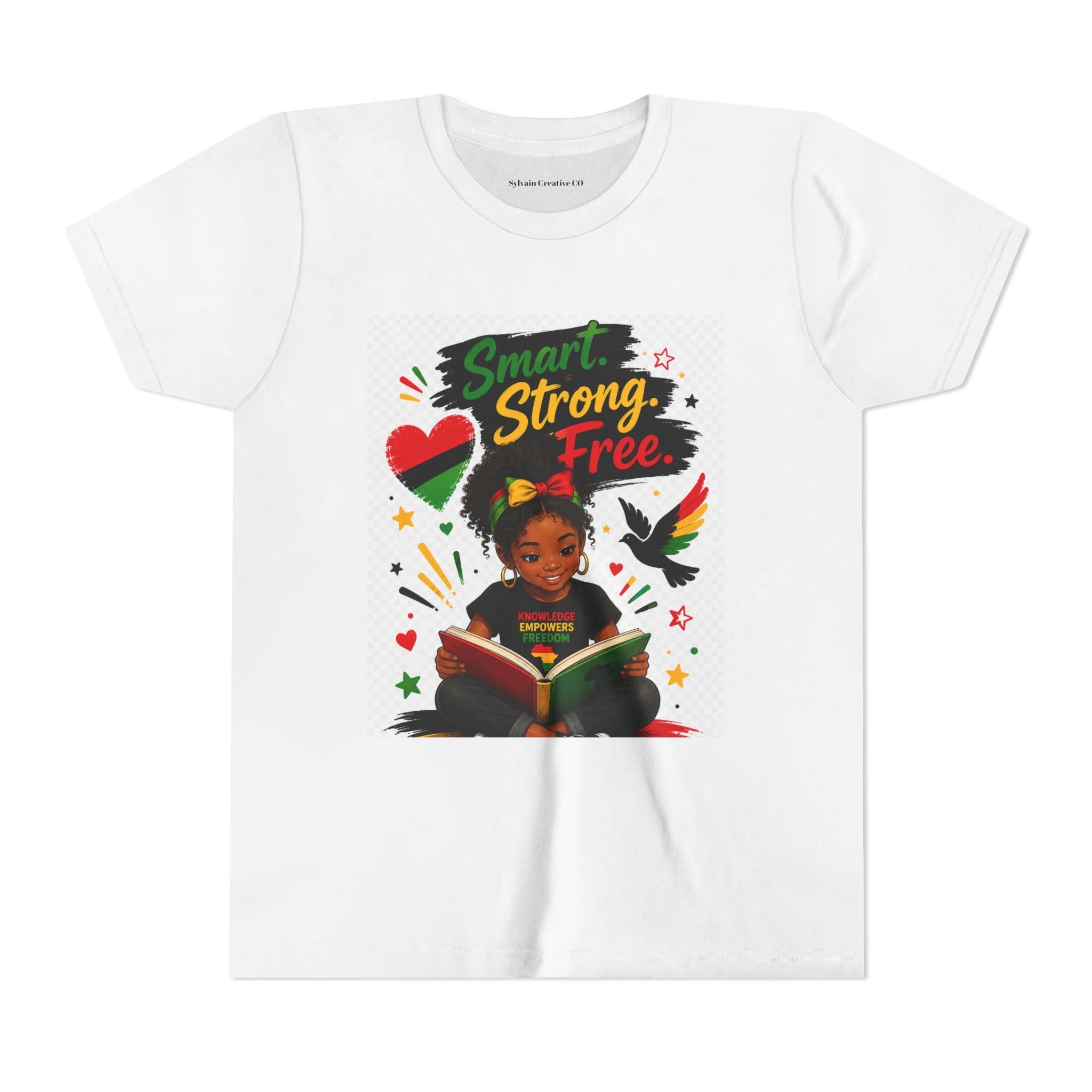 Juneteenth Youth Tee — "Smart. Strong. Free." Black Girl Reading Graphic Kid Shirt