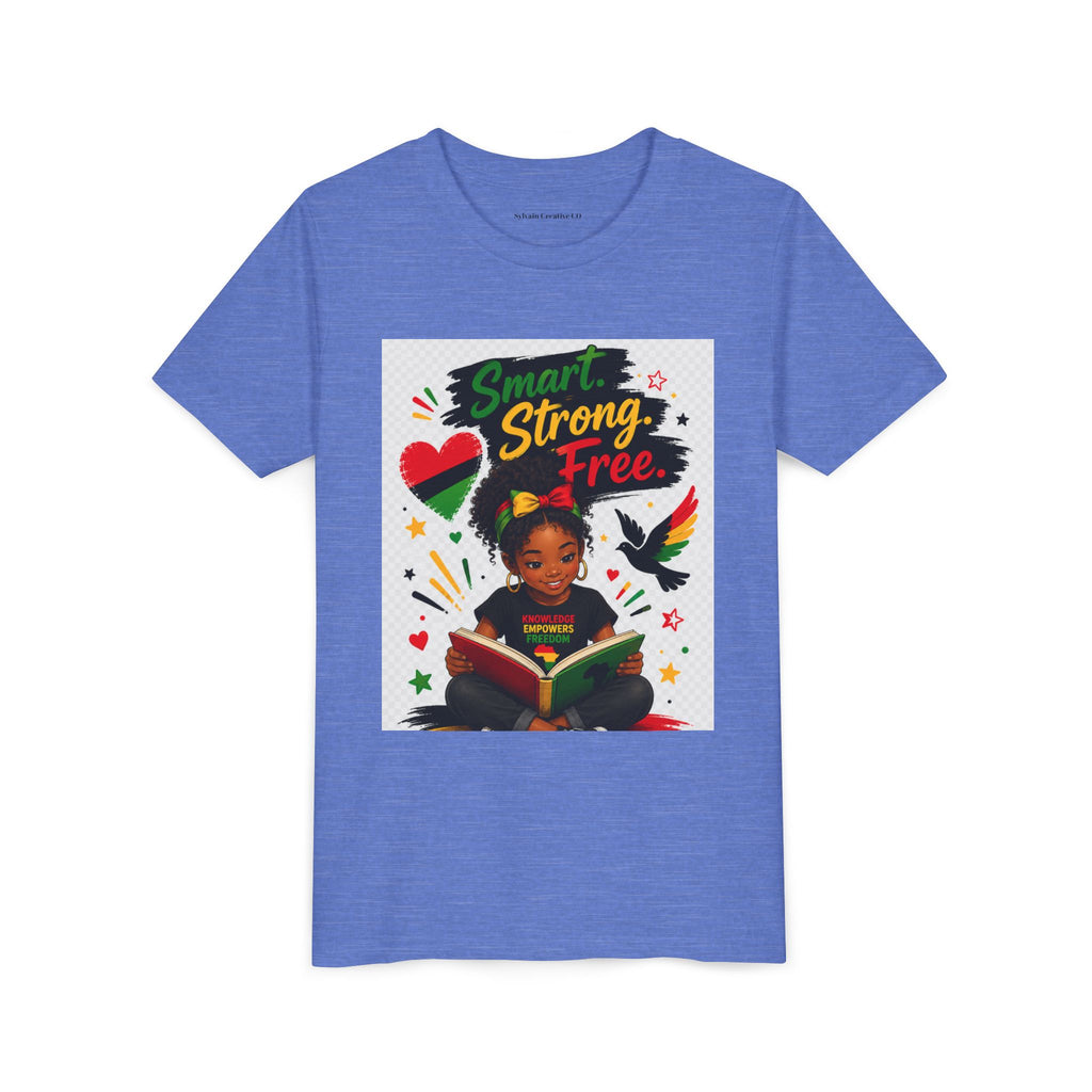 Juneteenth Youth Tee — "Smart. Strong. Free." Black Girl Reading Graphic Kid Shirt