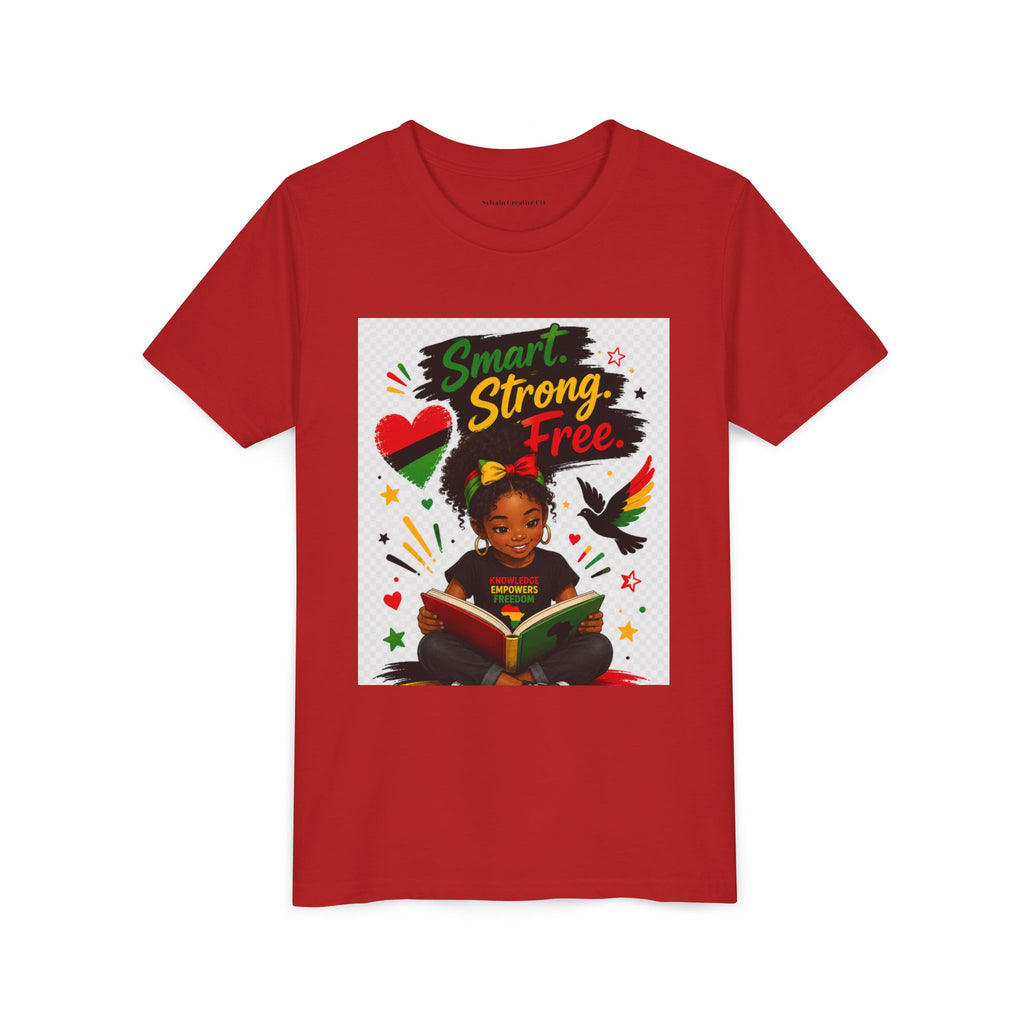 Juneteenth Youth Tee — "Smart. Strong. Free." Black Girl Reading Graphic Kid Shirt