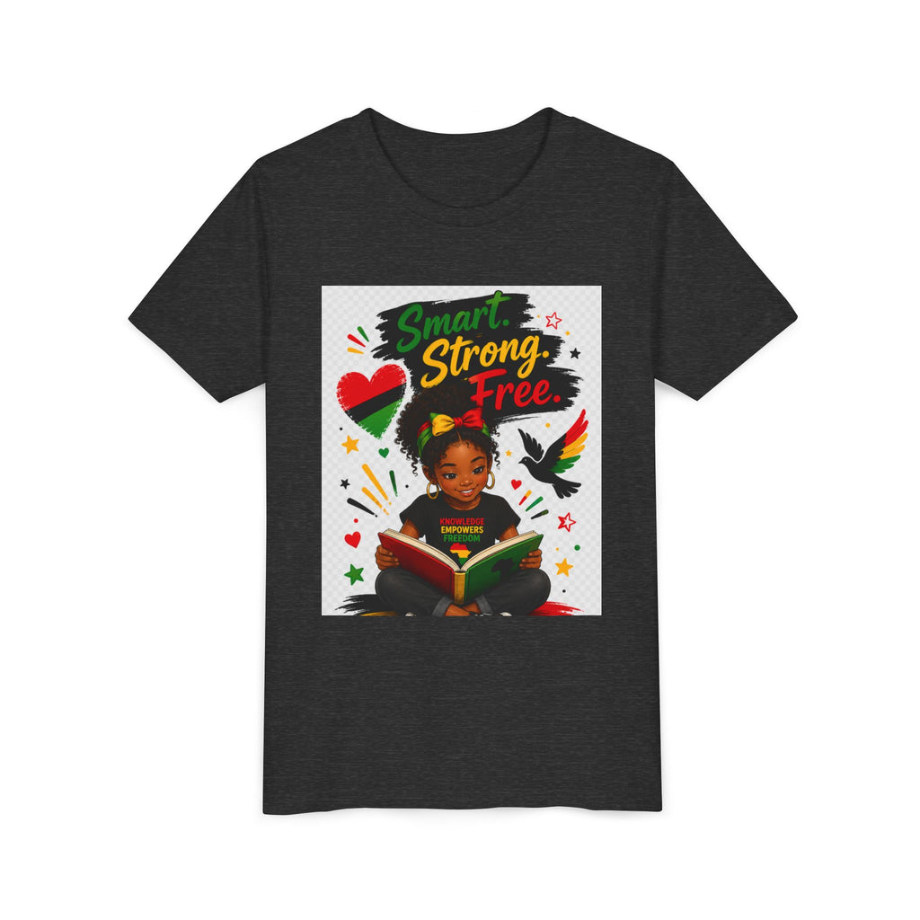 Juneteenth Youth Tee — "Smart. Strong. Free." Black Girl Reading Graphic Kid Shirt