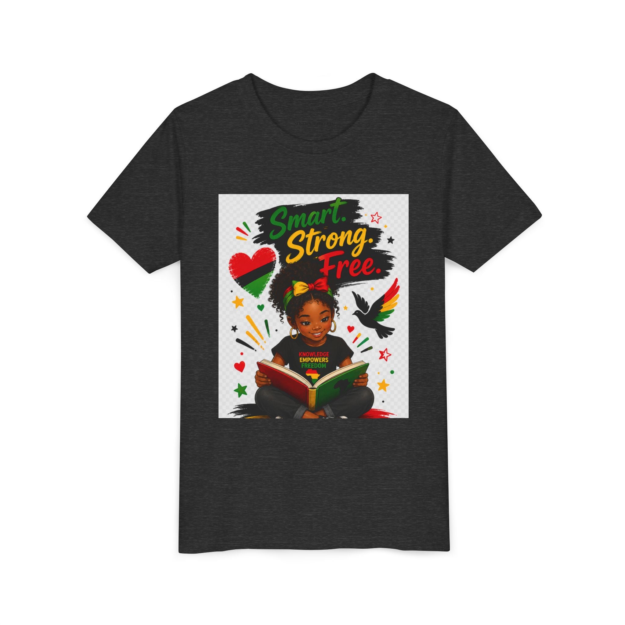 Juneteenth Youth Tee — "Smart. Strong. Free." Black Girl Reading Graphic Kid Shirt