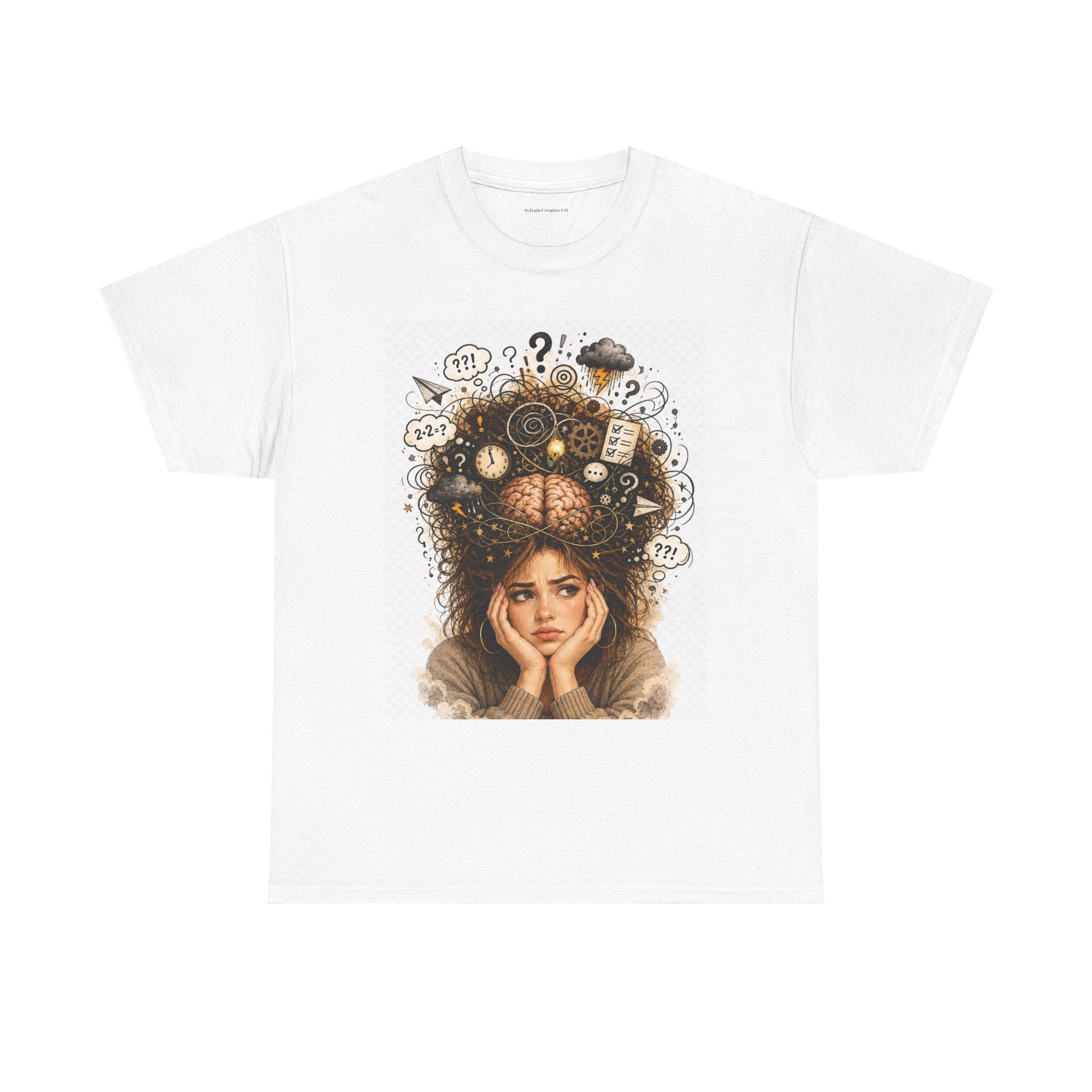 T-Shirt — Daydreaming Girl Illustration Tee (clock & question mark design)