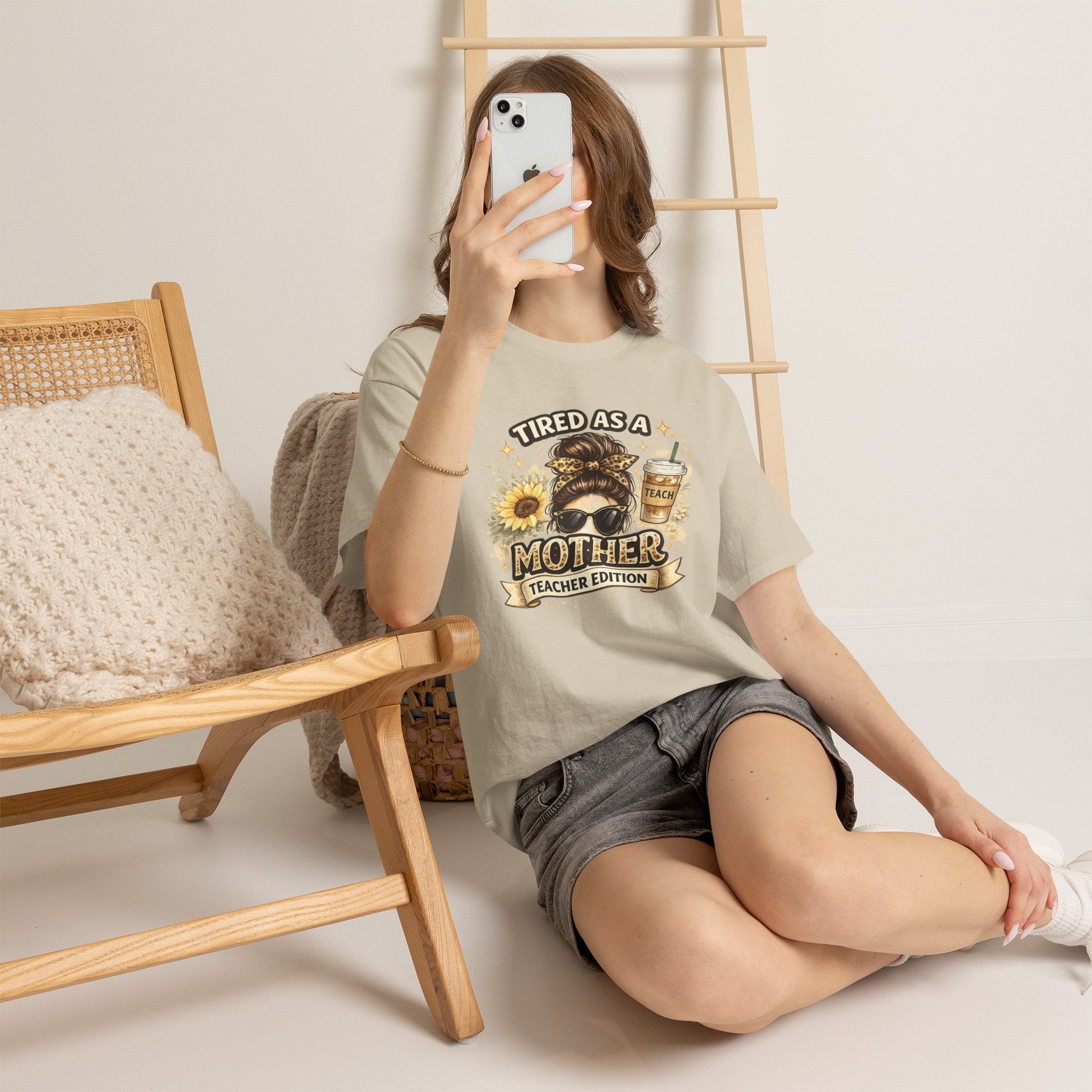 T-Shirt — "Tired as a Mother: Teacher Edition" Graphic Tee (Sunflower & Coffee Design)
