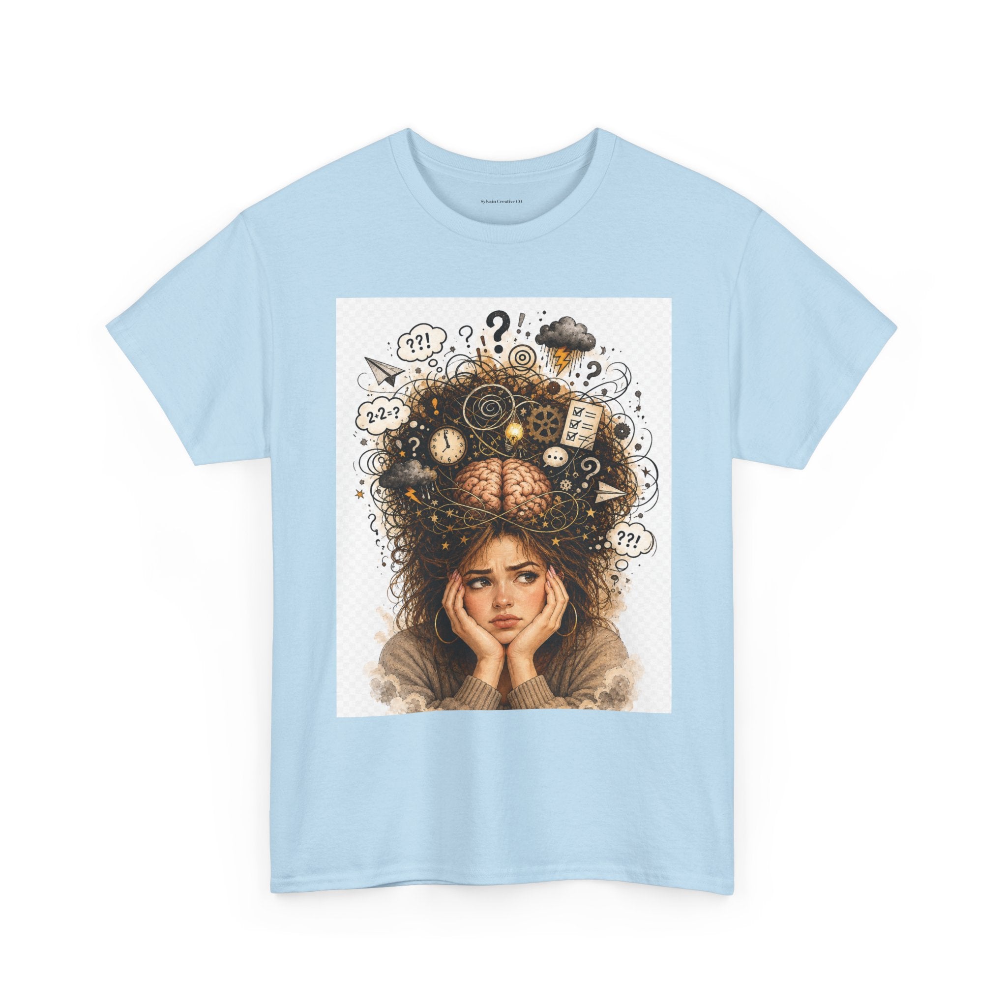T-Shirt — Daydreaming Girl Illustration Tee (clock & question mark design)