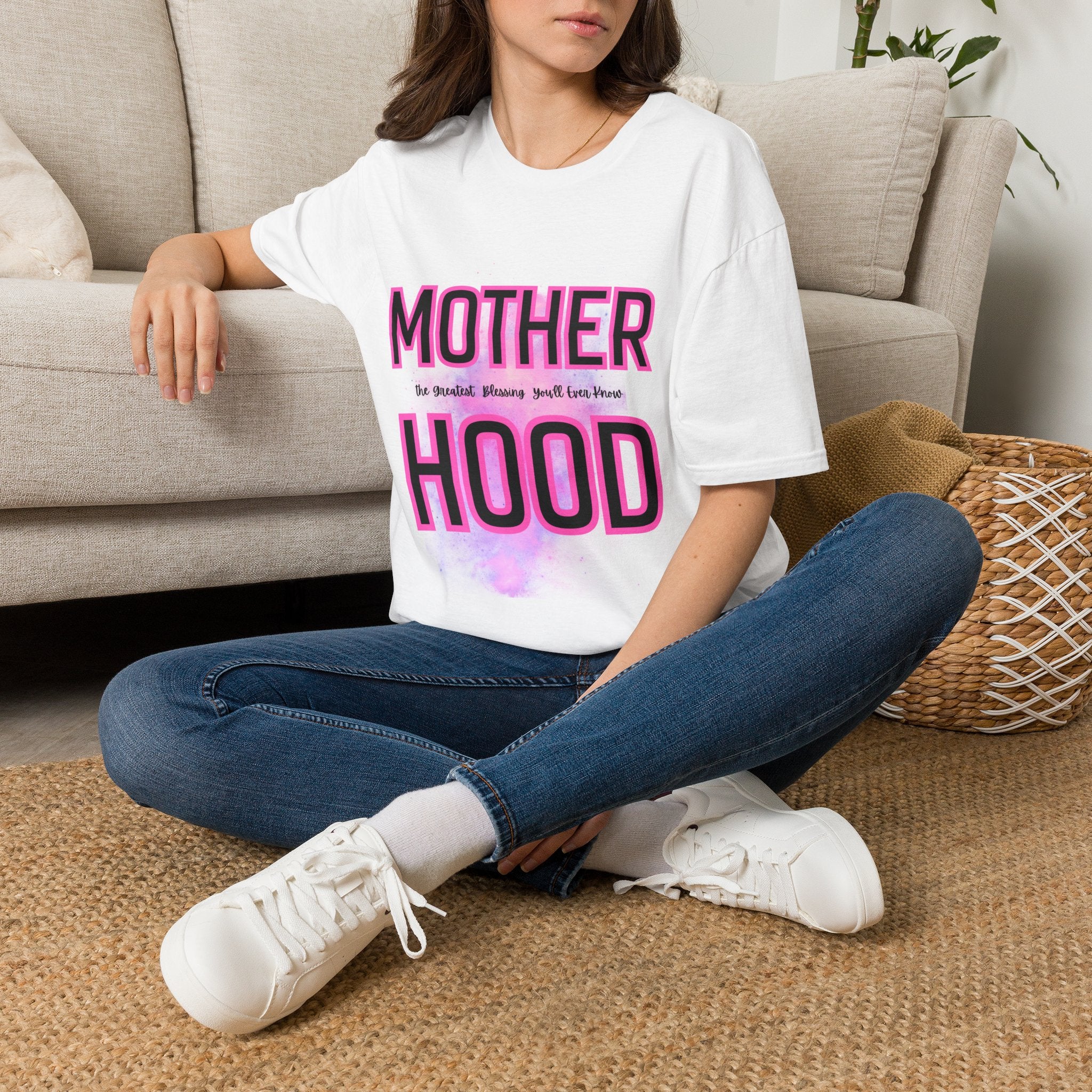 Motherhood Hood T‑Shirt — "Mother Hood" Bold Pink Typography Tee for New Moms & Mother's Day