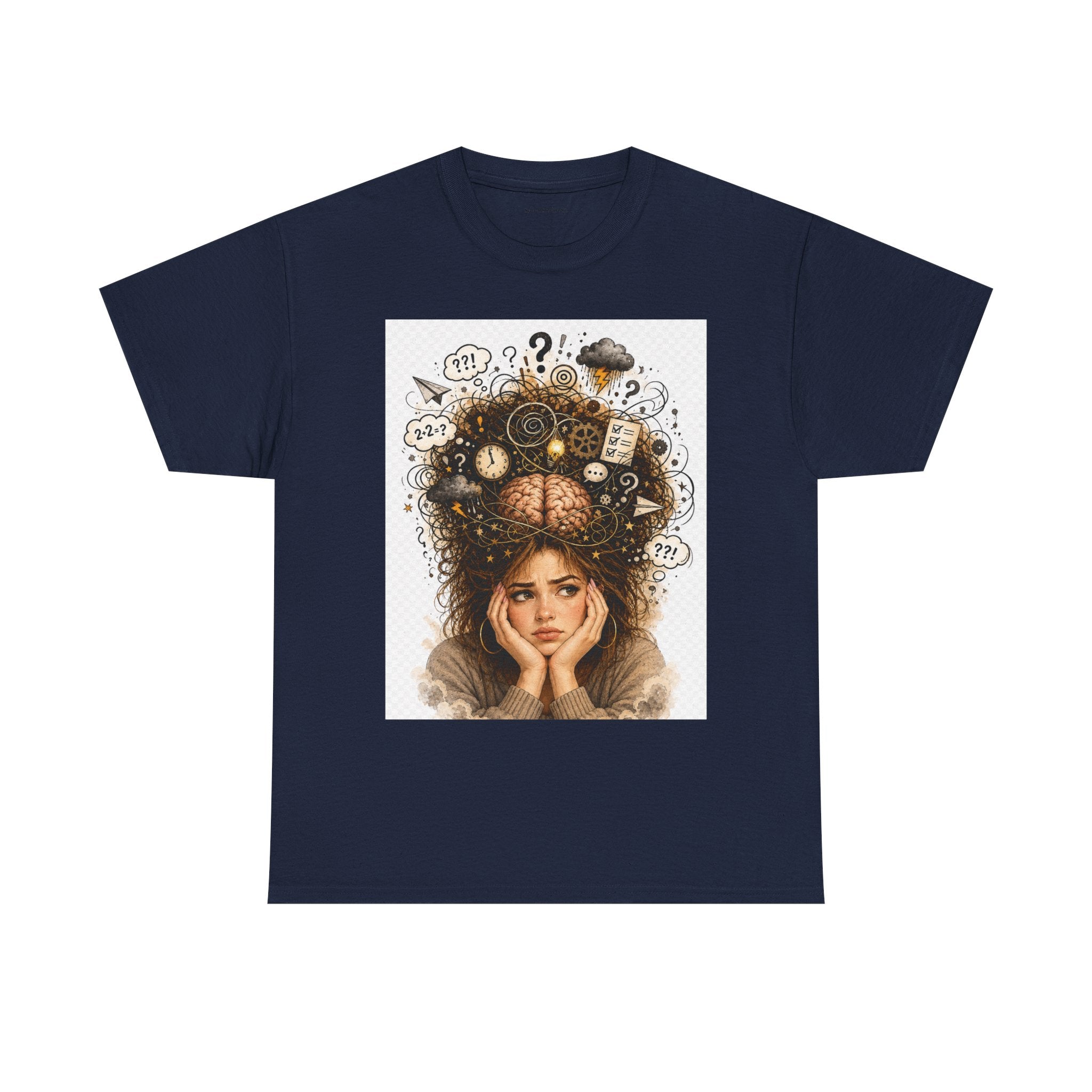 T-Shirt — Daydreaming Girl Illustration Tee (clock & question mark design)